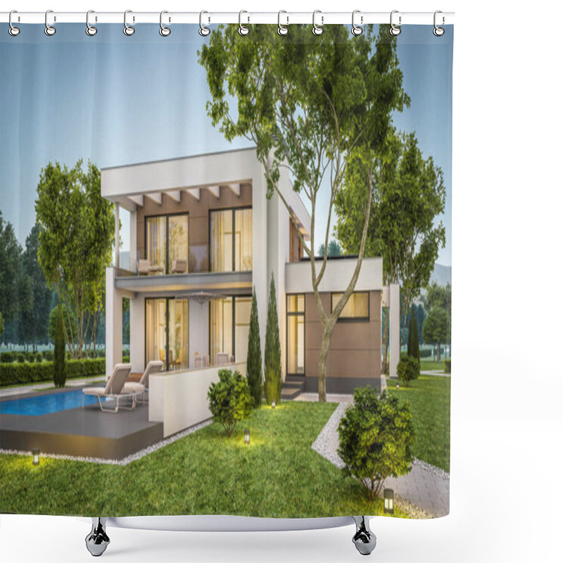 Personality  3d Rendering Of Modern House At Evening Shower Curtains