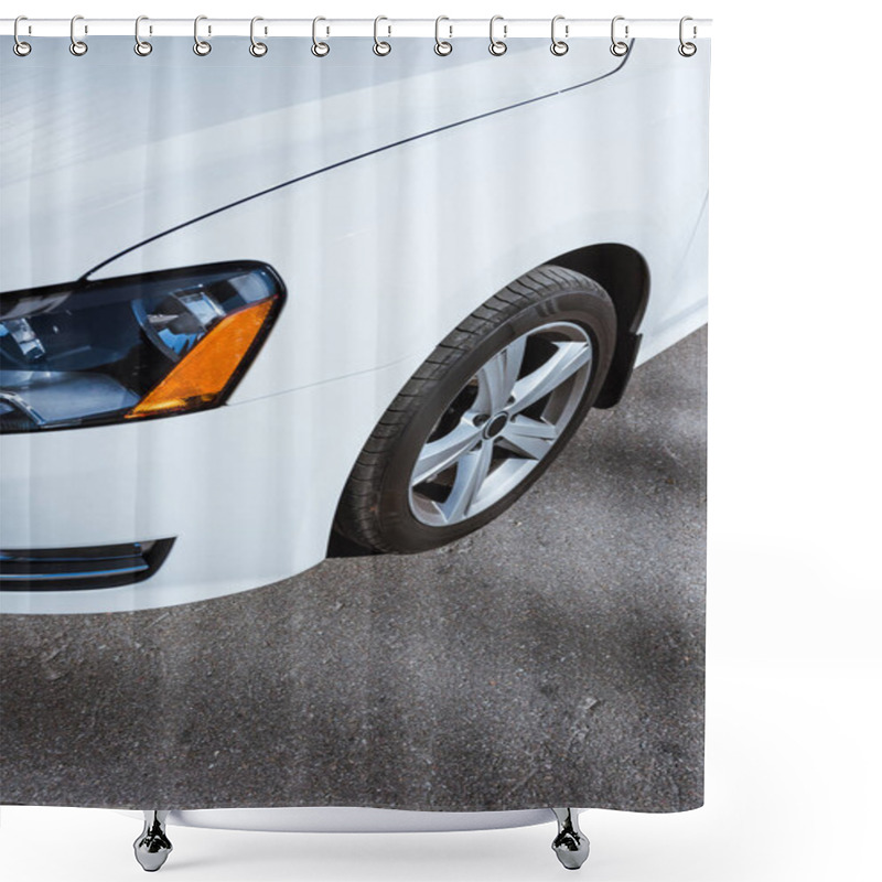 Personality  Cropped Image Of Headlight And Wheel Of White New Car On Road Shower Curtains