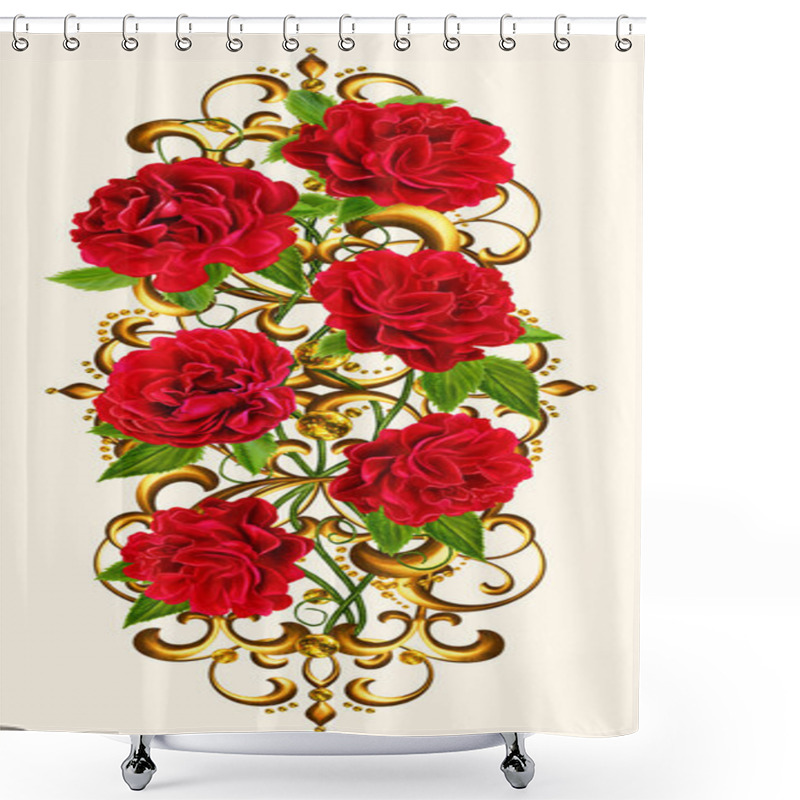 Personality  Composition Of Red Roses In A Gold Frame. Old Style. Pastel Shades. Floral Background. Shower Curtains