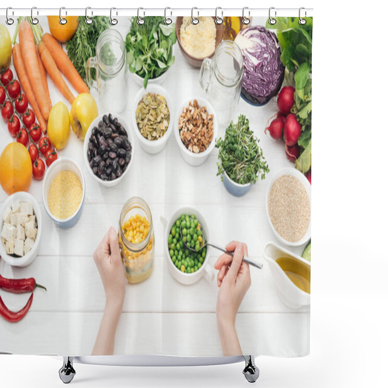 Personality  Cropped View Of Woman Adding Peas In Jar With Salad On Wooden White Table  Shower Curtains