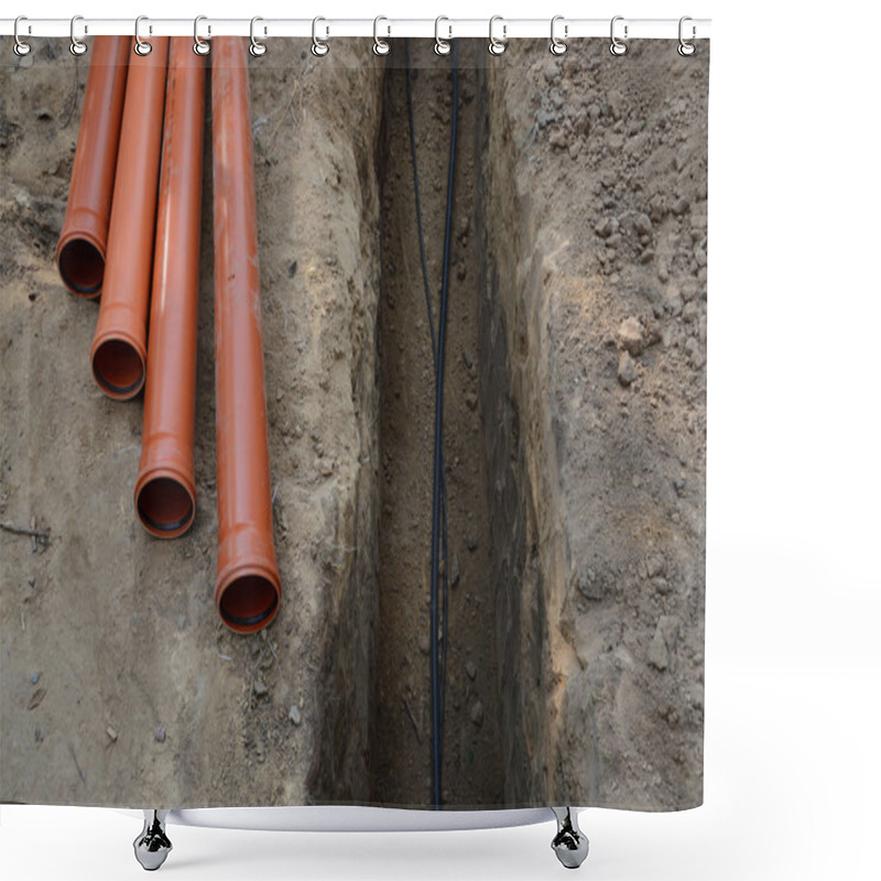 Personality  Laying Of Cables And Pipes In The Trench Shower Curtains