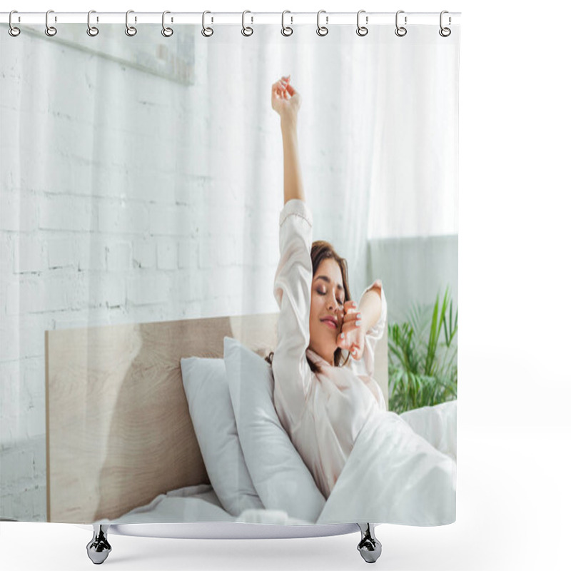 Personality  Attractive Woman With Closed Eyes Stretching Herself At Morning  Shower Curtains