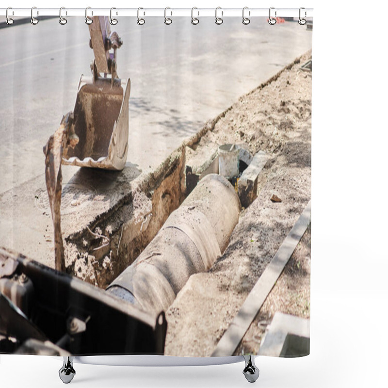 Personality  Big Jackhammer Drill Drilling Road.Heavy Machinery Crushing Asphalt For Stormwater Drain Repair. Excavator Tracks In The Water. Repair And Expansion Of A Road. High Quality Photo Shower Curtains