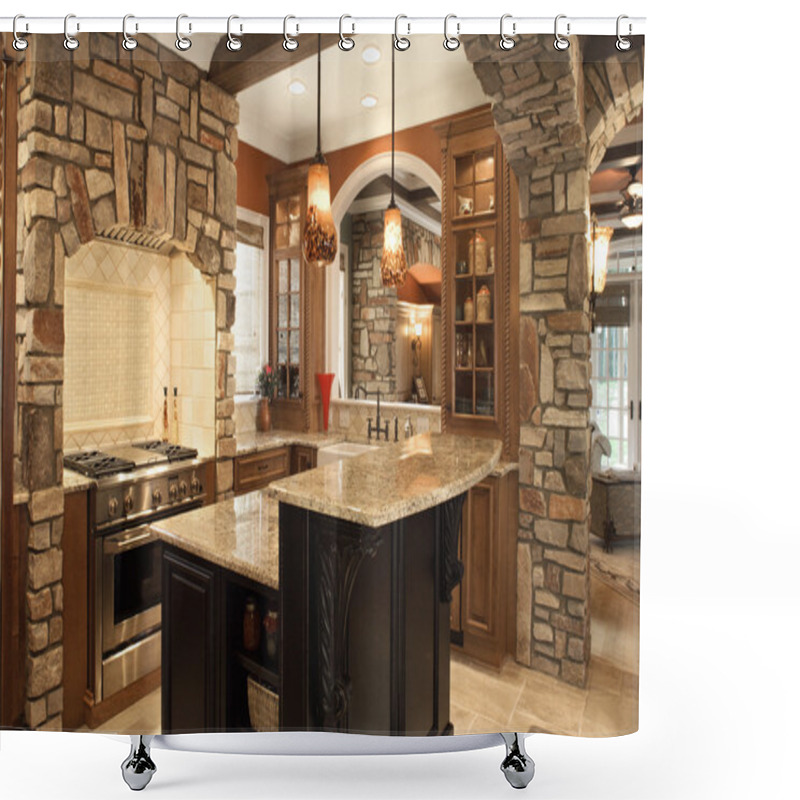 Personality  Kitchen Interior With Stone Accents In Affluent Home Shower Curtains