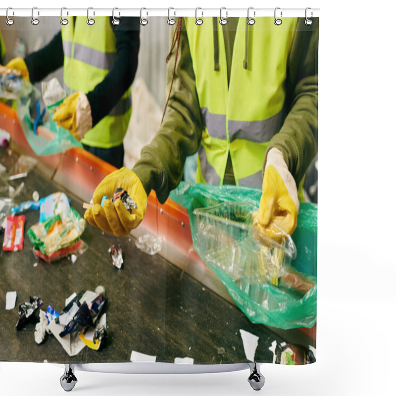 Personality  Group Of Eco-conscious Young Volunteers In Yellow Safety Vests Cleaning A Table Together, Sorting Trash. Shower Curtains