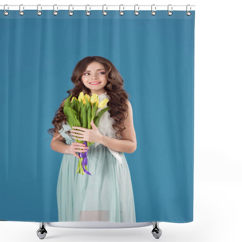 Personality  Beautiful Girl Holding Bouquet Of Tulips And Looking Away Isolated On Blue Shower Curtains