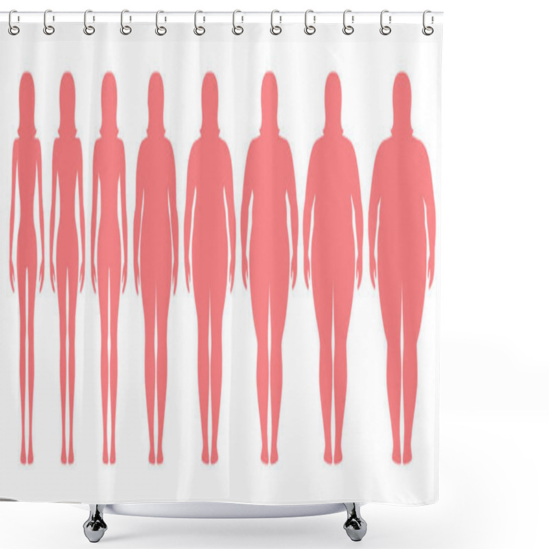 Personality  Vector Illustration  Of Woman Silhouettes With Different  Weight From Anorexia To Extremely Obese. Body Mass Index, Weight Loss Concept. Shower Curtains