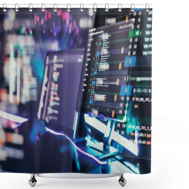 Personality  Program Code On A Computer Monitor With Fiber Optic Background. Internet And Technology Concept. Shower Curtains