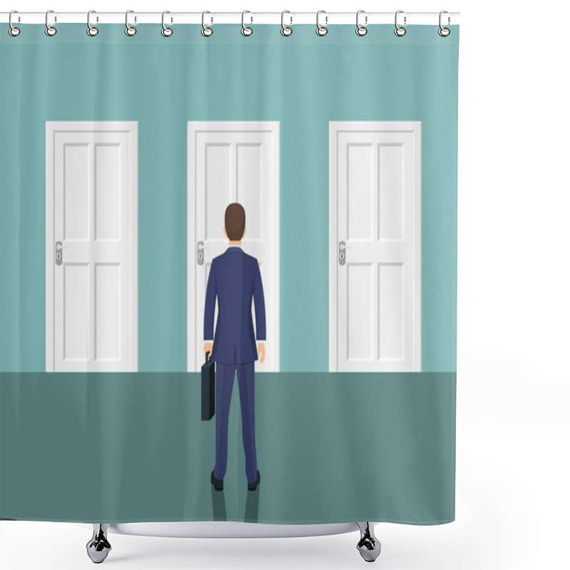 Personality  Businessman Standing In Front Closed Doors. Shower Curtains