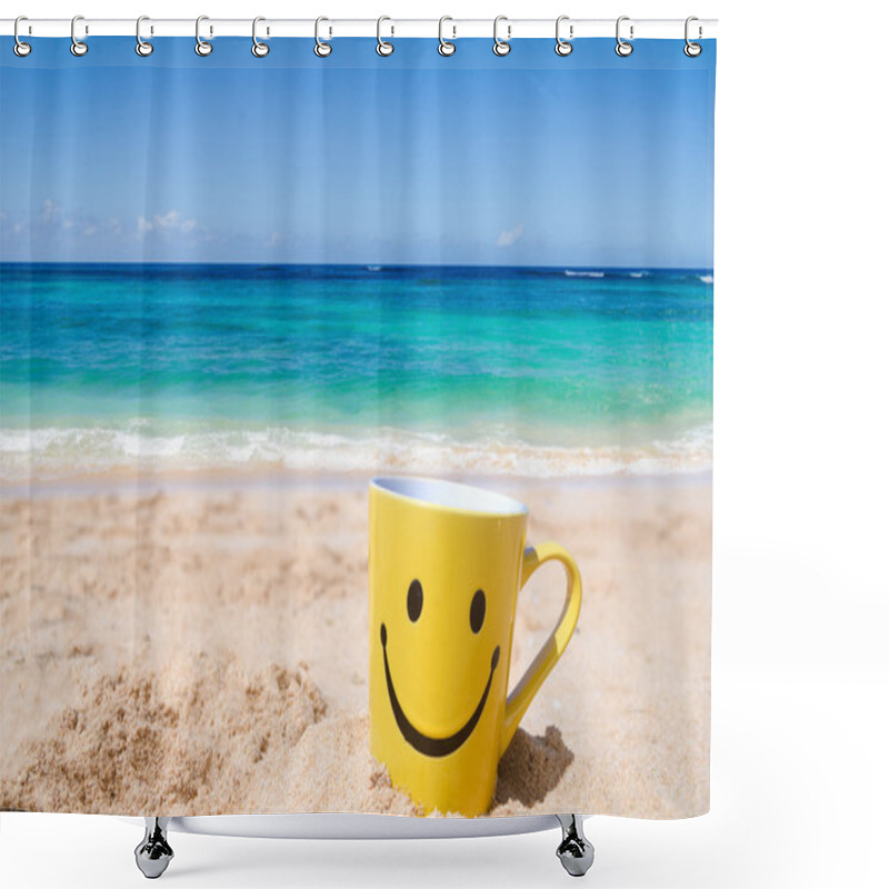 Personality  Happy Face Mug On The Beach Shower Curtains