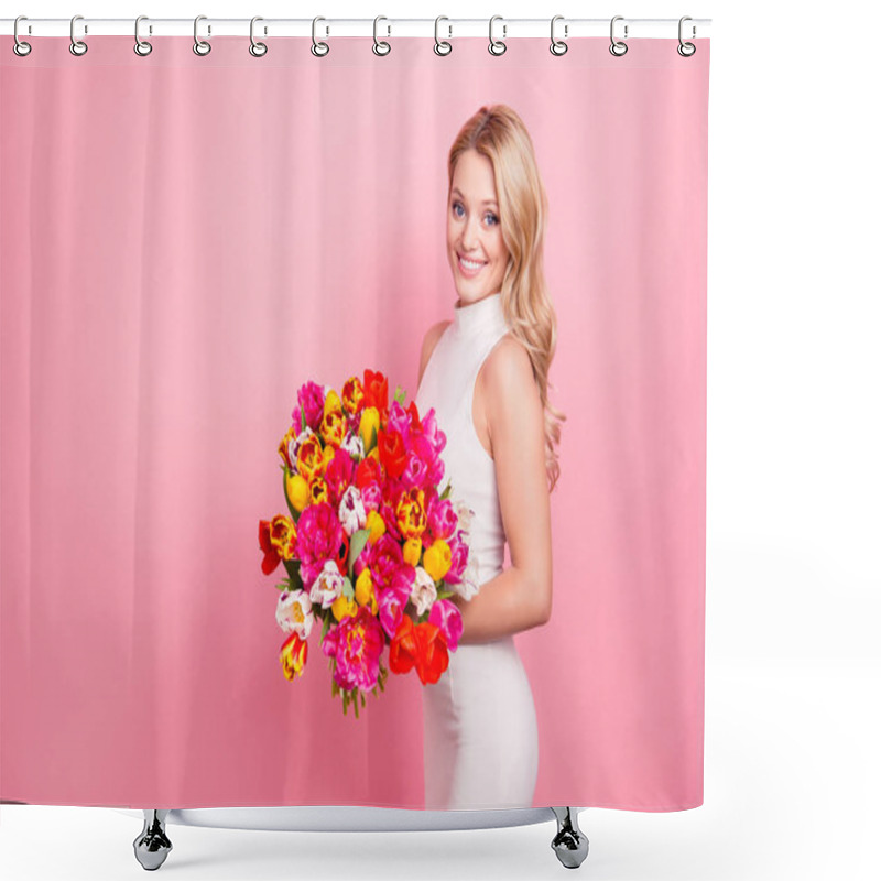 Personality  Portrait With Copyspace, Empty Place Of Lovely Elegant Charming Woman Having Big Bouquet Of Tulips In Hands Looking At Camera Isolated On Pink Background Shower Curtains