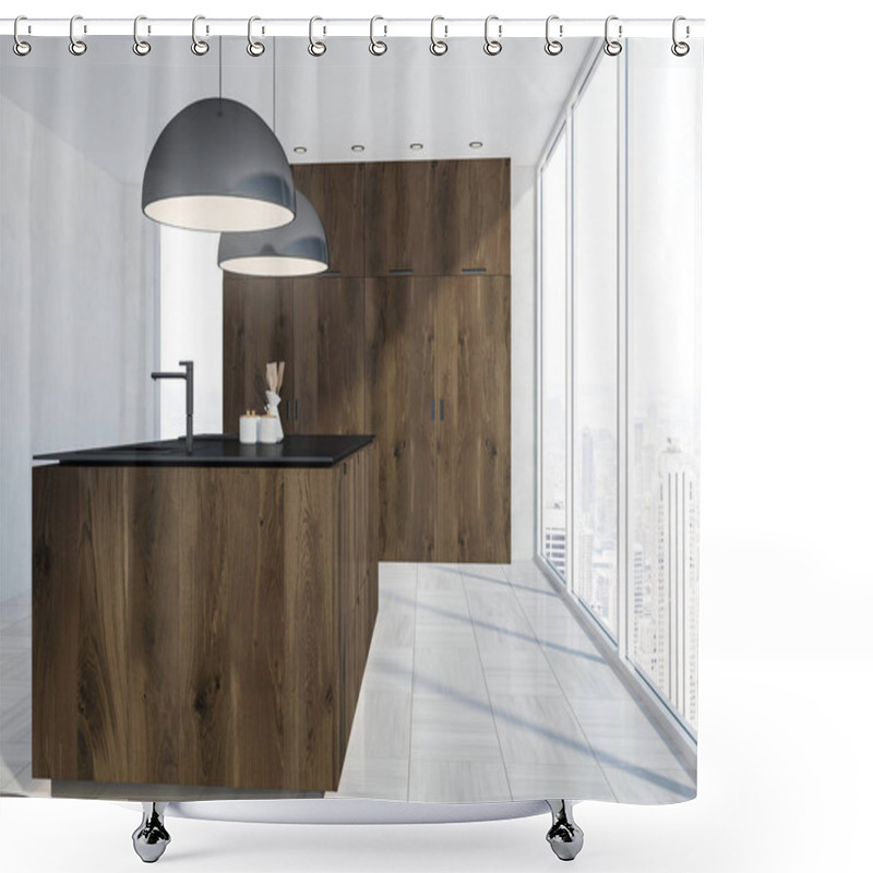 Personality  Panoramic Kitchen Interior With A White Wooden Floor, Wooden And Black Counters And Gray Ceiling Lamps. Side View 3d Rendering Shower Curtains