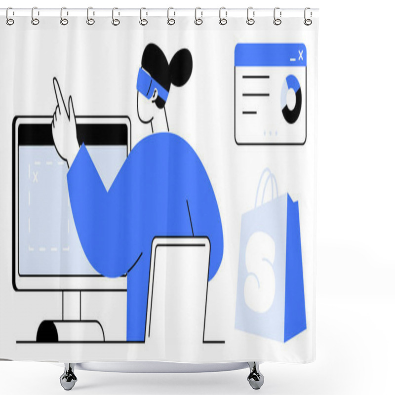 Personality  Person Pointing At Computer Screen With Data Visualization. Includes Data Chart And Shopping Bag. Ideal For E-commerce, Data Analysis, Online Shopping, Technology, Business. Minimalist, Modern Style Shower Curtains