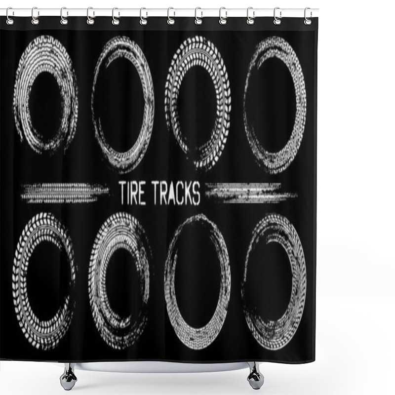 Personality  Grunge Circle Tire Tracks, Wheel Braking Marks. Truck, Car Or Motorcycle Tread Pattern Silhouettes. Auto Race, Motorsport, Speed Racing Design Element. Vector Illustration. Shower Curtains