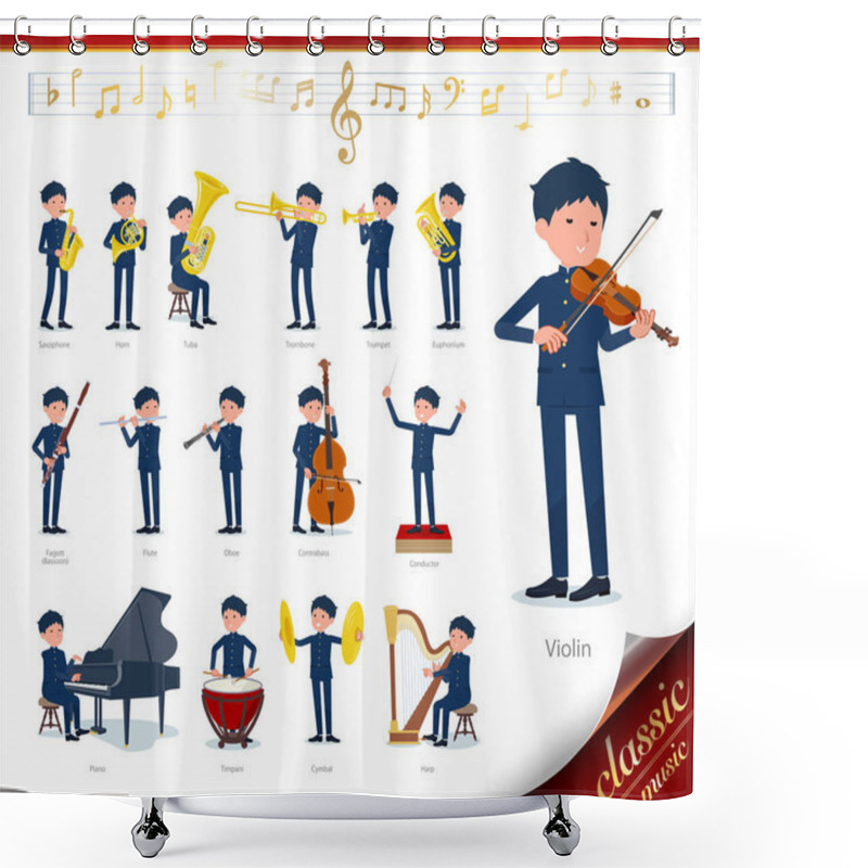 Personality  A Set Of School Boy On Classical Music Performances.There Are Actions To Play Various Instruments Such As String Instruments And Wind Instruments.It's Vector Art So It's Easy To Edit. Shower Curtains