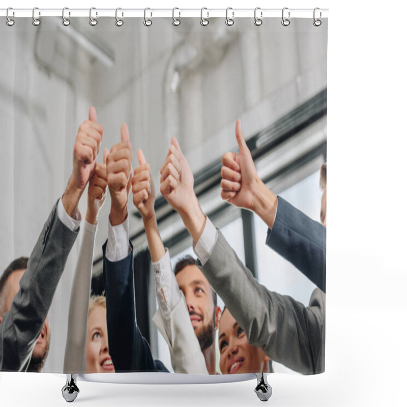 Personality  Low Angle View Of Smiling Businesspeople Showing Thumbs Up In Hub Shower Curtains