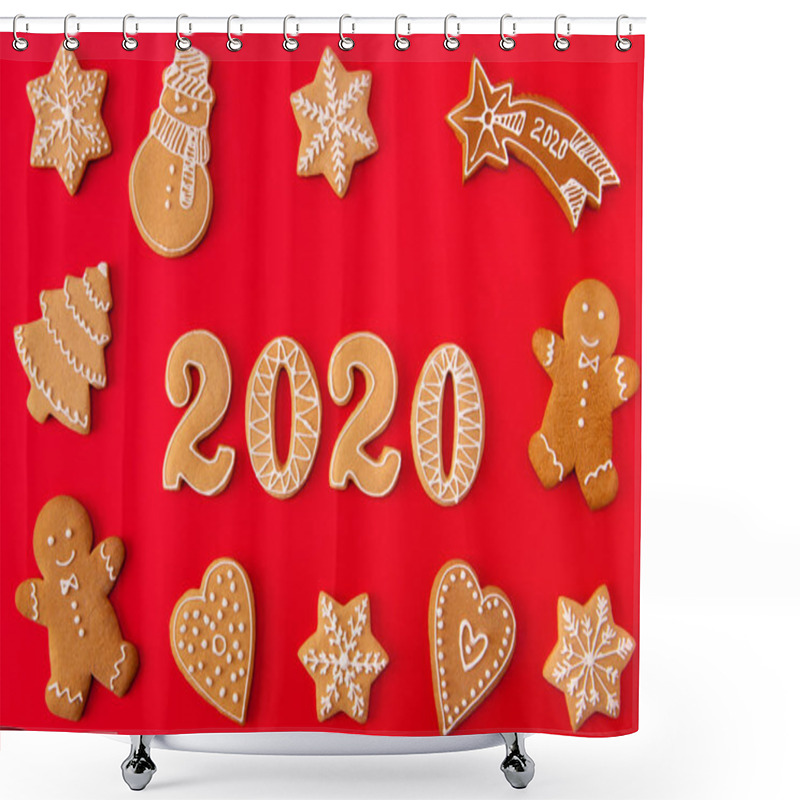 Personality  Top Above High Angle View Photo Of Festive X-mas Composition Of Ginger Bread Cookies Man Snowman Tree Star Falling Heart Letters Making 2020 Lie Isolated Over Shine Color Background Shower Curtains