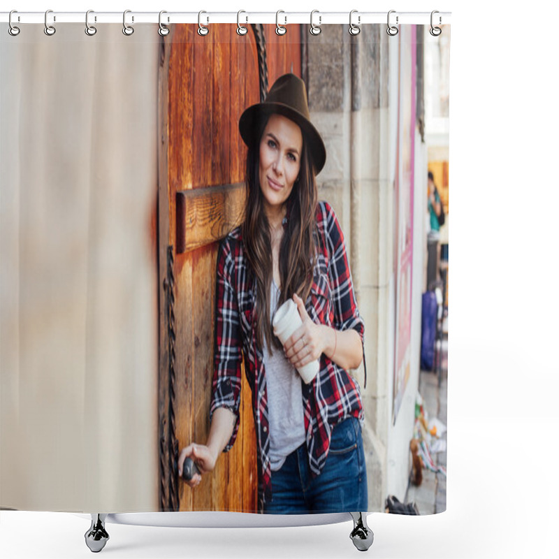 Personality  Young Woman With A Hat Next To An Old Wooden Door  Shower Curtains