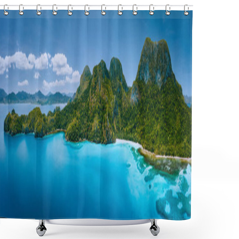 Personality  Aerial Drone Panoramic View Of Uninhabited Tropical Island With Rugged Mountains, Rainforest Jungle, Sandy Beaches Surrounded By Blue Ocean Shower Curtains