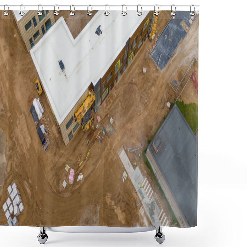 Personality  Aerial View Of A Construction Site With A Partially Built Building And Surrounding Dirt Area. Shower Curtains