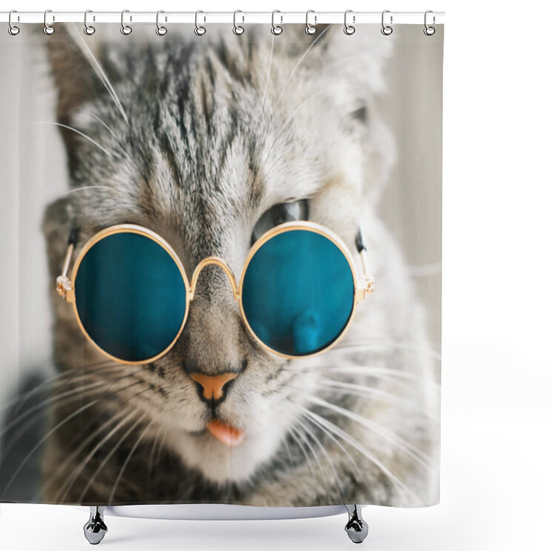 Personality  Cat With Glasses Shows Tongue. Shower Curtains