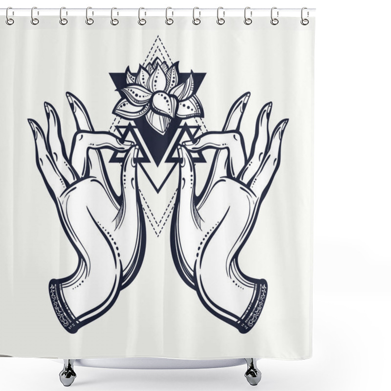 Personality  Beautiful Hand Drawn Tattooed Buddha Hands With Peony Flower And Sacred Geometry. Isolated Vector Illustration. Tattoo, Yoga, Spirituality, Textiles. Shower Curtains