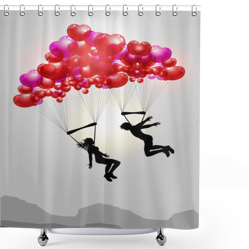 Personality  Couple Flying On Parachutes Made Of Hearts Shower Curtains