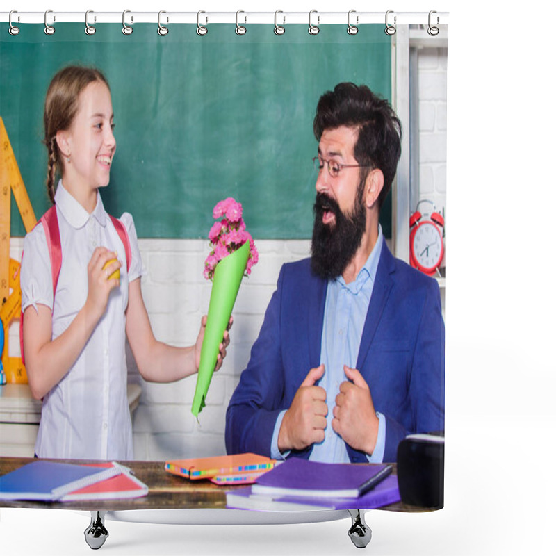 Personality  Back To School. Happy Teachers Day. Knowledge Day Is 1 September. Teachers Day. Daugghter And Father With Flowers. Flower Present For Best Teacher. Small School Girl Kid With Flower Bouquet. Thanks Shower Curtains