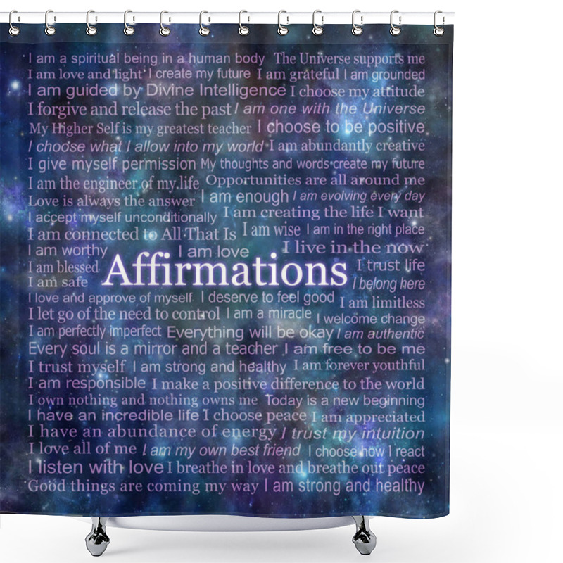 Personality  Cosmic I Am Affirmations Wall Art Words - Dark Blue Deep Space Background Filled With A Square Of Many Affirmations Based On The Spiritual I AM Concept Ideal For A Coaster, Cushion, Mouse Mat, Or Canvas Print                                Shower Curtains