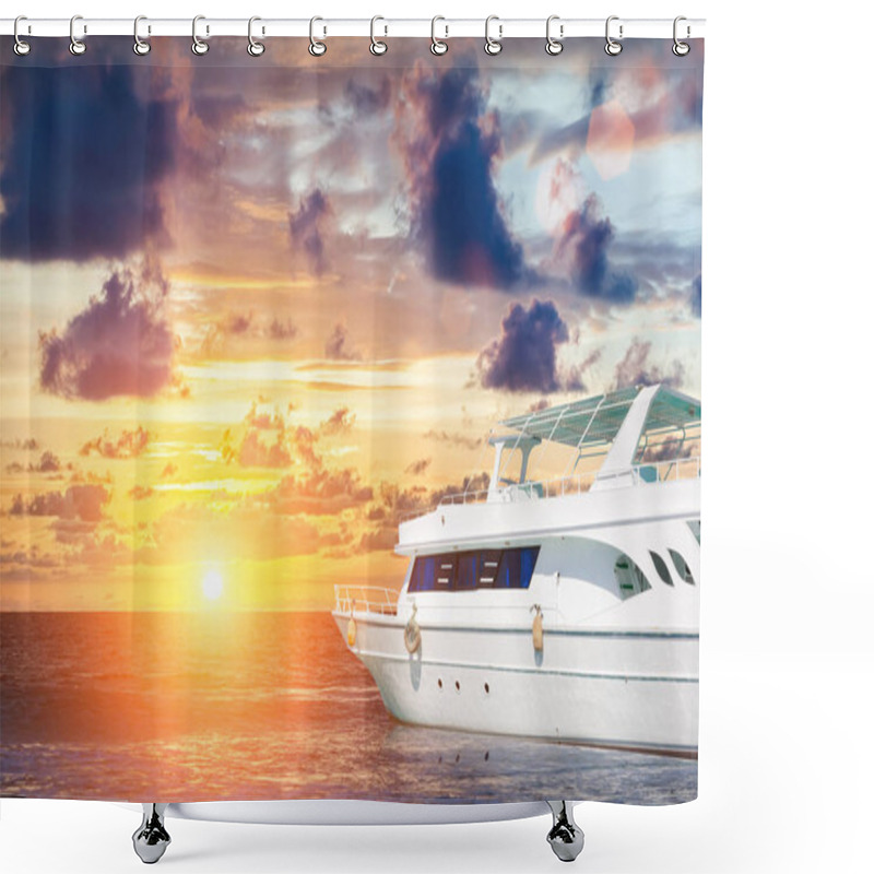 Personality  White Yatch In Beautiful Sea At Sunset Shower Curtains