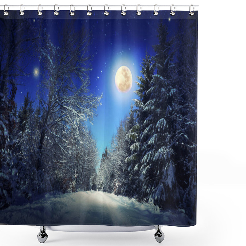 Personality  Christmas Background With Stars And Big Moon In Winter Forest. Shower Curtains