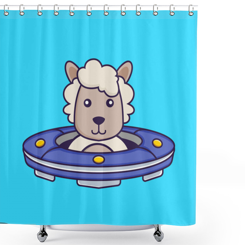 Personality  Cute Sheep Driving Spaceship Ufo. Shower Curtains