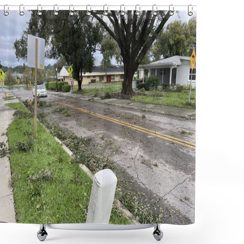 Personality  Lakeland, Fla USA 10 11 24: Hurricane Milton Damage And Scattered Foliage Road Shower Curtains