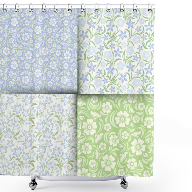 Personality  Set Of Blue And Green Seamless Floral Patterns. Vector Illustration. Shower Curtains