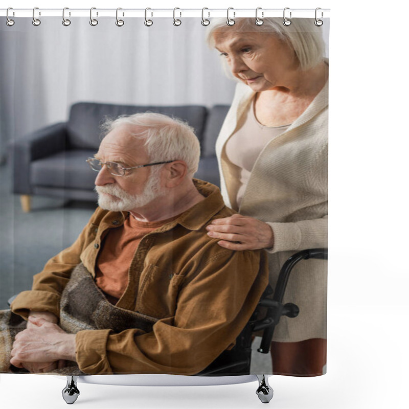 Personality  Despaired Senior Woman Touching Shouder Of Disabled Husband, Sick On Dementia Shower Curtains