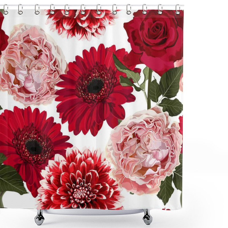 Personality  Seamless Floral Pattern With Pink Red Roses And Gerbera Flowers On White Background. Summer And Spring Motifs. Trendy Floral Texture. Shower Curtains