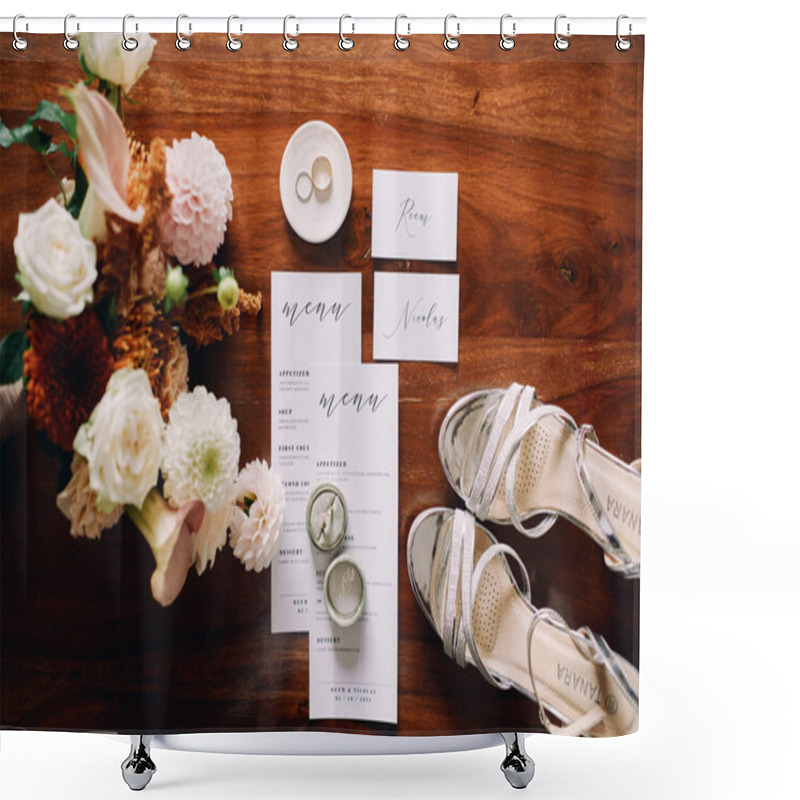 Personality  Bride Shoes Stand On A Wooden Table Next To The Invitations And A Bouquet Of Flowers. Top View. High Quality Photo Shower Curtains