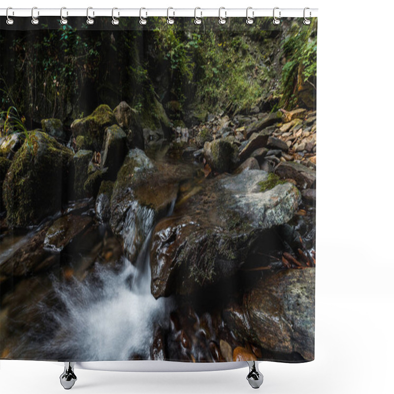 Personality  Water Flowing On Wet Rocks Near Green Leaves In Woods  Shower Curtains