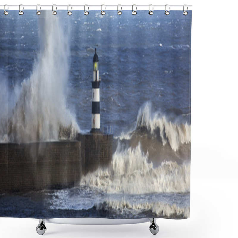 Personality  Waves Crashing Over Seaham Lighthouse Shower Curtains