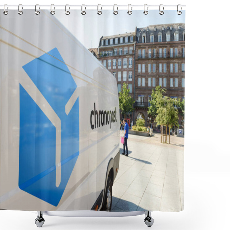 Personality  CHRONOPOST Delivery Van In Center Of The City. Shower Curtains