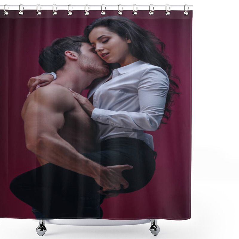 Personality  Shirtless Man Holding On Hands And Kissing Girl In White Shirt On Dark Background Shower Curtains