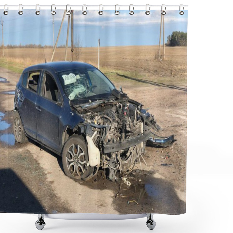 Personality  Borodyanka, Kyiv Region, Ukraine. April 08, 2022: Twisted Wreckage Of Car Being Destroyed By Russian Army  Shower Curtains