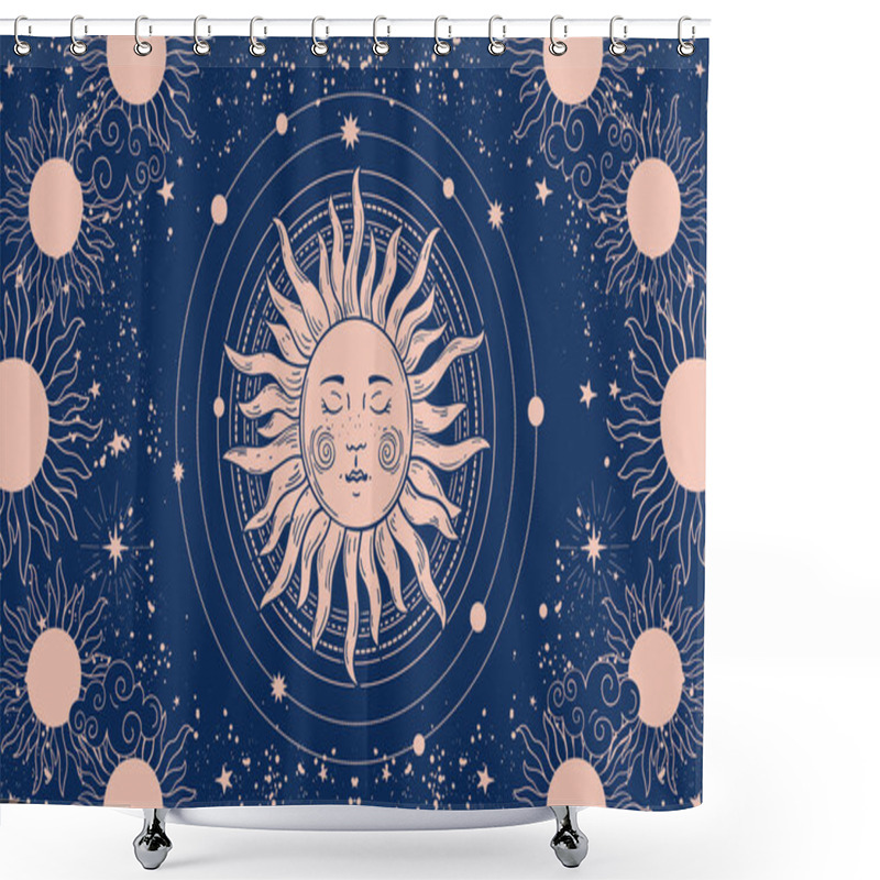 Personality  Mystical Drawing For Astrology Or Boho Design, Sun With A Face On A Blue Background. Sacred Geometry. Vector Illustration For Banner, Poster, Cover. Shower Curtains