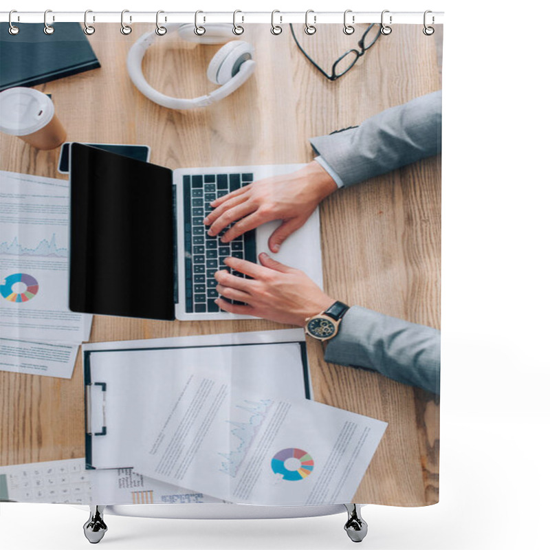 Personality  Top View Of Businessman Using Laptop With Blank Screen Near Documents, Coffee To Go And Headphones  Shower Curtains