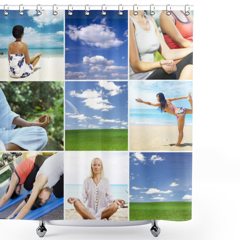 Personality  Yoga Theme Collage Composed Of Different Images Shower Curtains