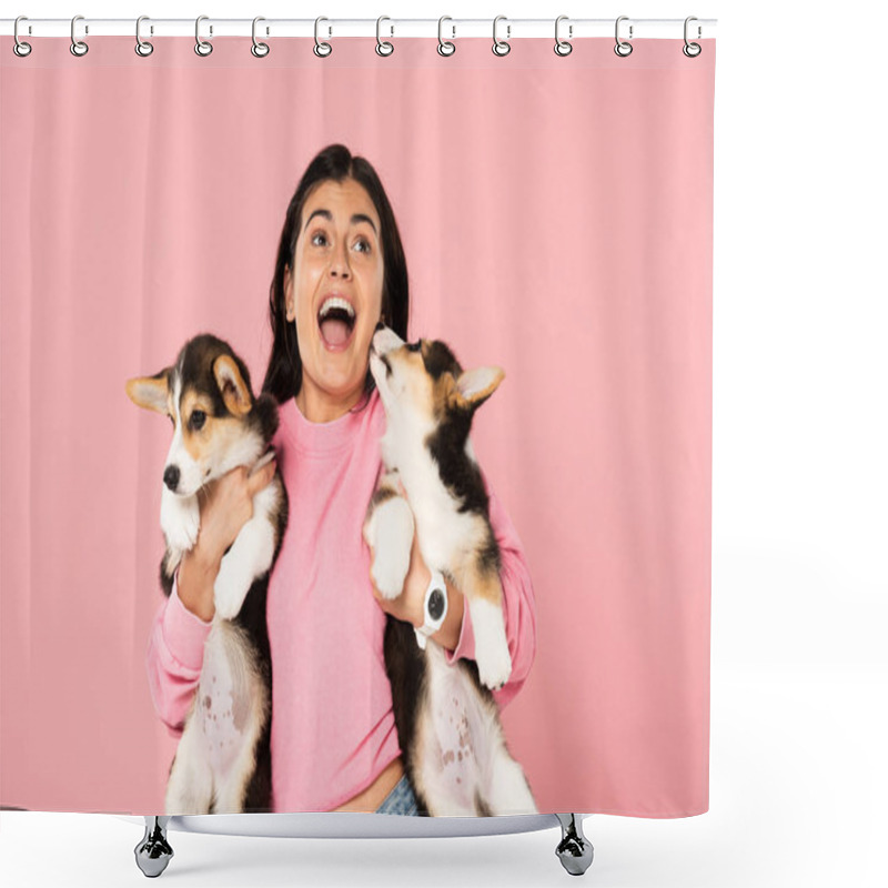 Personality  Excited Girl Holding Welsh Corgi Puppies, Isolated On Pink Shower Curtains