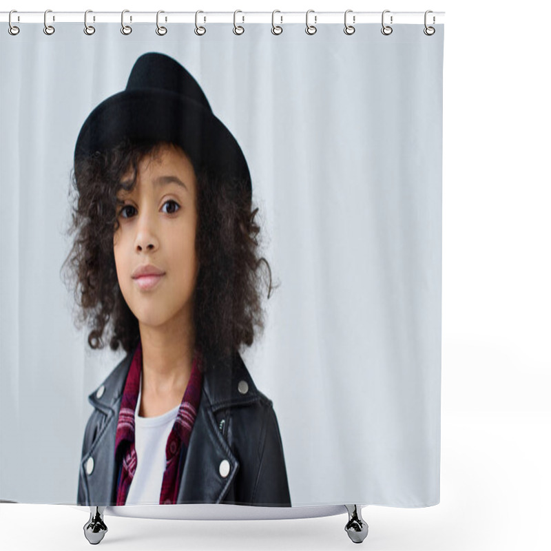 Personality  Close-up Portrait Of Little Child In Leather Jacket And Hat Looking At Camera Isolated On Grey Shower Curtains