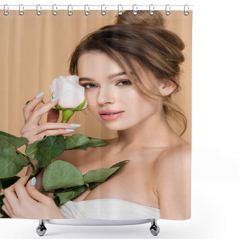 Personality  Sensual Woman Holding White Rose Near Face While Looking At Camera Isolated On Beige Shower Curtains