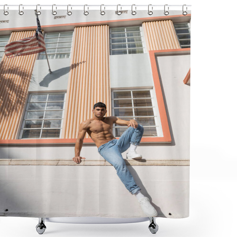 Personality  Cuban Man With Muscular Body Posing In Baseball Cap And Jeans On Street In Miami Shower Curtains