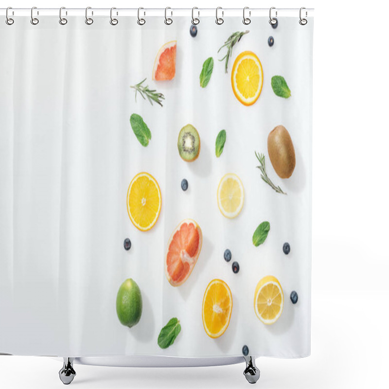 Personality  Top View Of Fresh Fruits, Rosemary And Blueberries On White Surface Shower Curtains